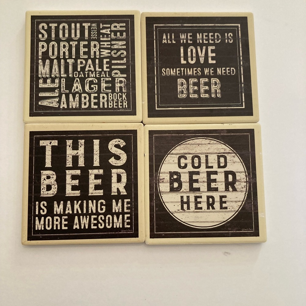 Primitive By Kathy stone coasters set of four -beer 4x4